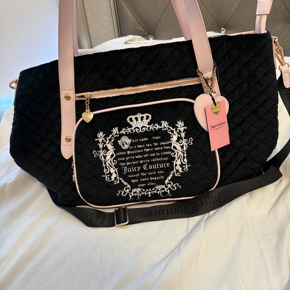 Juicy Couture Black Quilted Travel Tote with Pink Trim